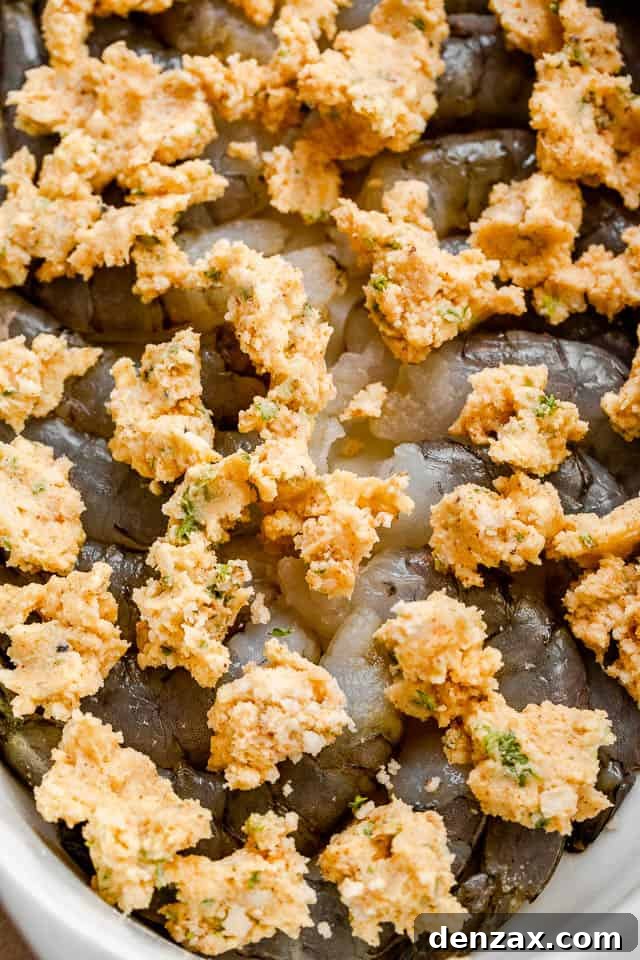 top view of raw shrimp with dollops of butter on top of them.