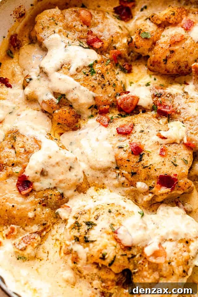 Cream Sauce Chicken Thighs features pan-seared boneless chicken thighs smothered in a decadent cream cheese sauce and topped with bacon! top view shot of chicken thighs covered in cheese sauce and topped with diced bacon