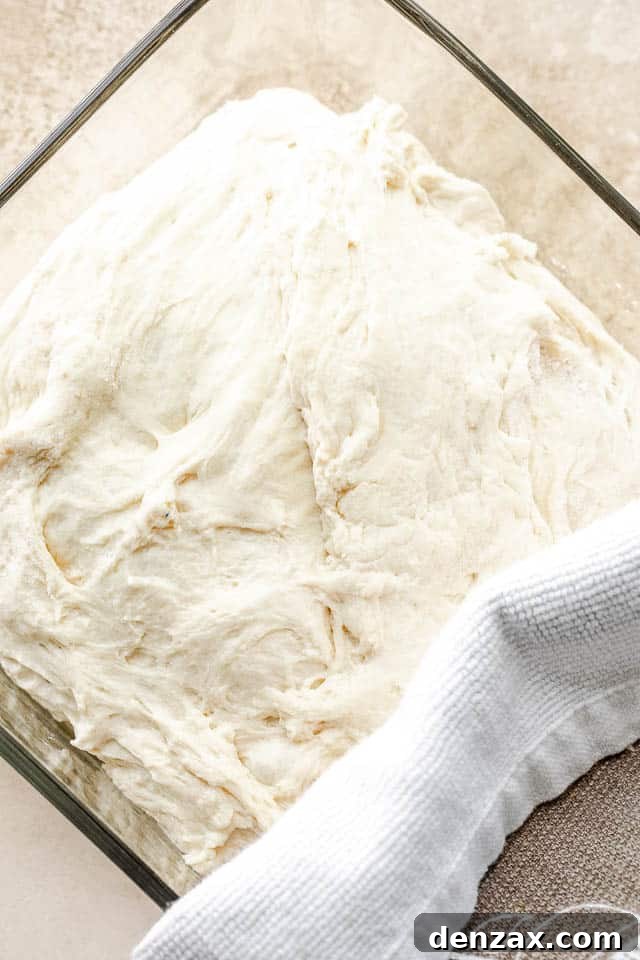 No Knead Dough in a glass container and halfway covered with a kitchen towel