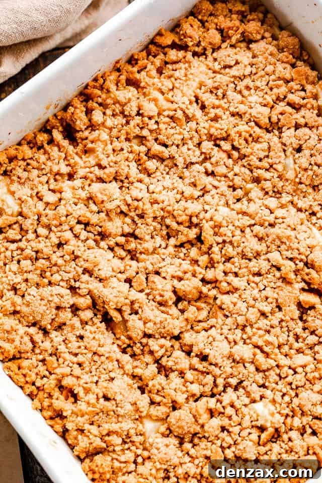 overhead shot of an apple crumble topped with graham cracker crust