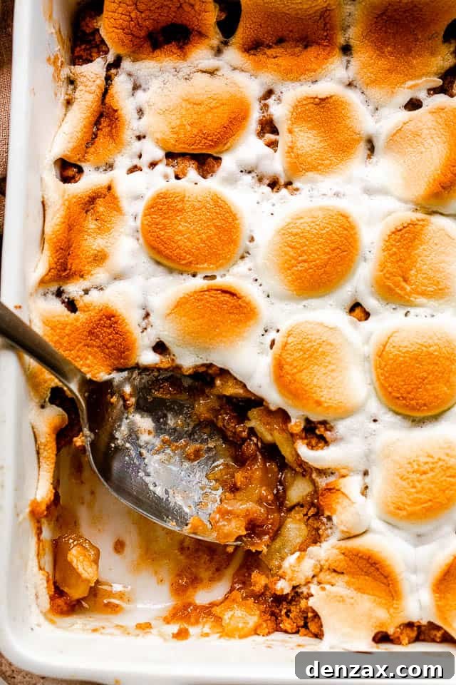 overhead shot of an apple crumble topped with toasted marshmallows