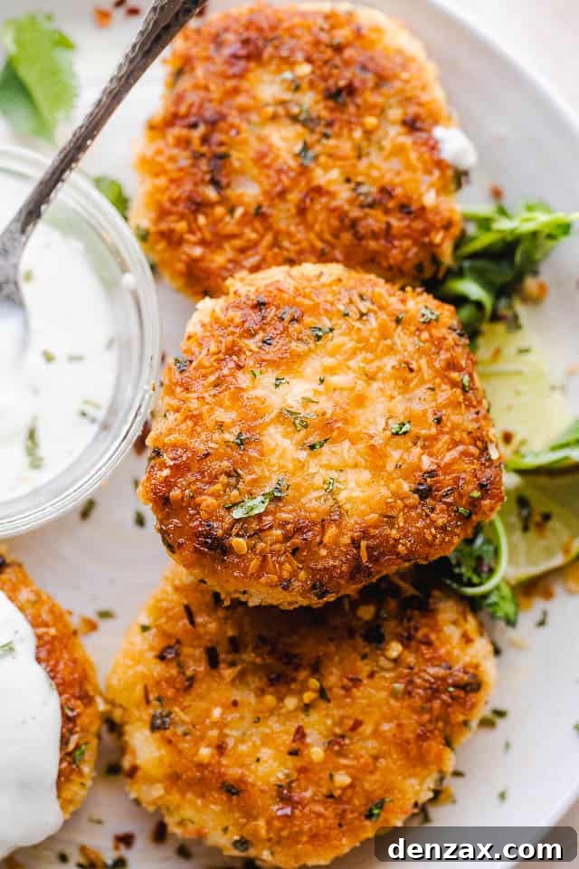close up overhead shot of plated shrimp cakes on a white serving plate and a bowl of sauce