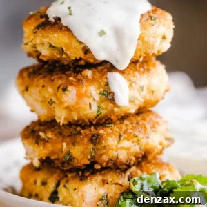 stacked shrimp cakes and topped with sauce