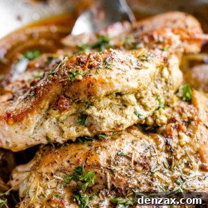 side shot of pesto filling stuffed in pork chops
