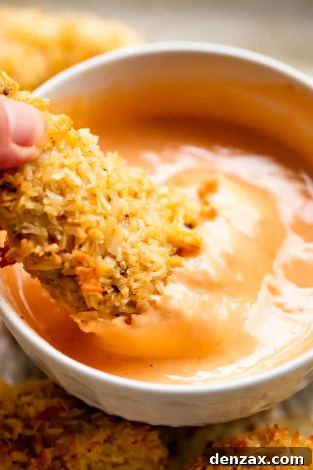 Dipping coconut chicken tenders in sriracha mayo sauce