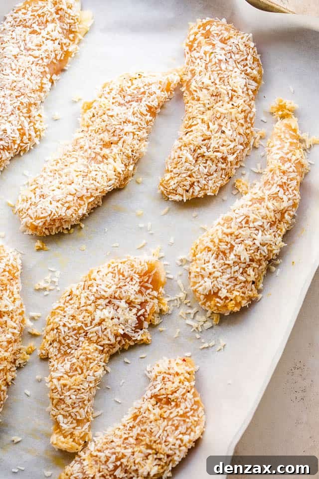 overhead shot of raw coconut covered chicken tenders on a baking sheet