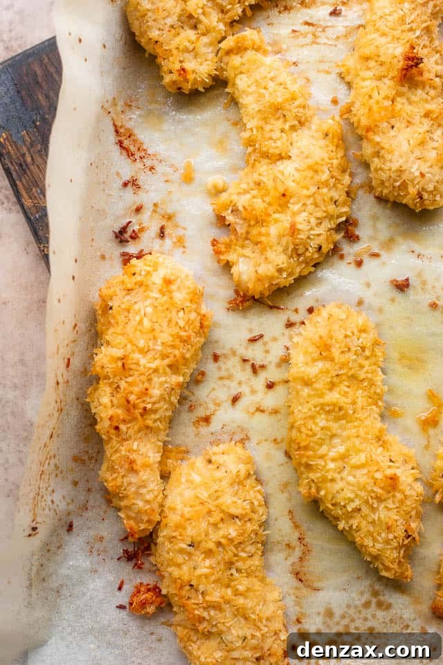 overhead shot of chicken tenders on a baking sheet
