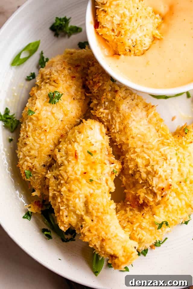 overheat shot of chicken tenders on a white plate served with dipping sauce