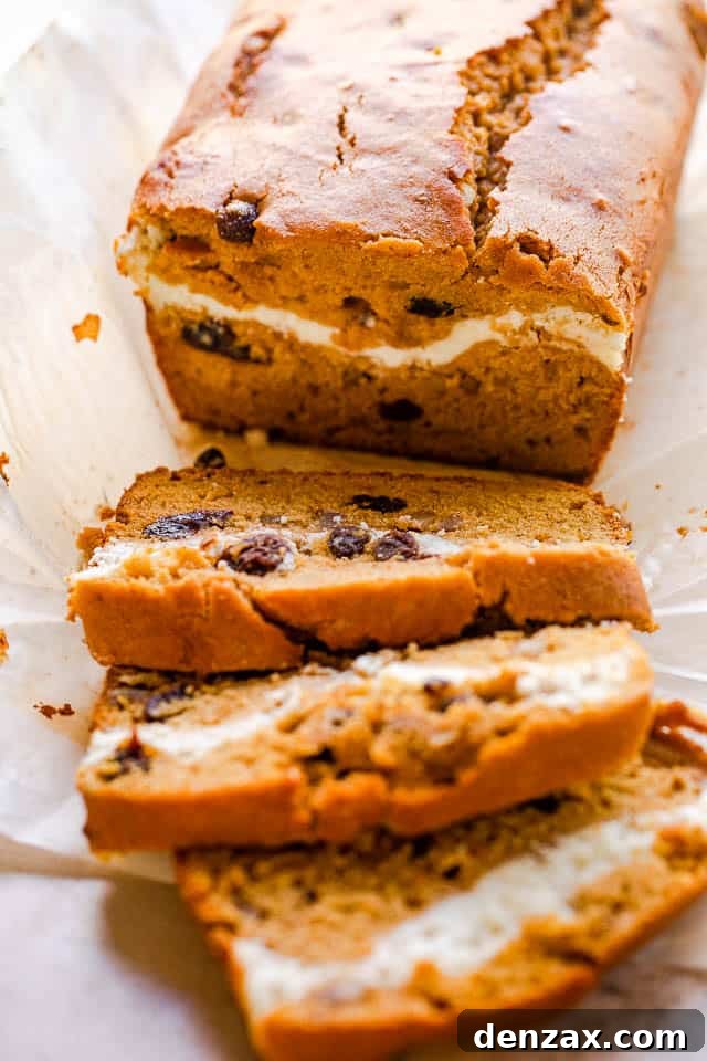 side shot of pumpkin swirl bread cut in slices