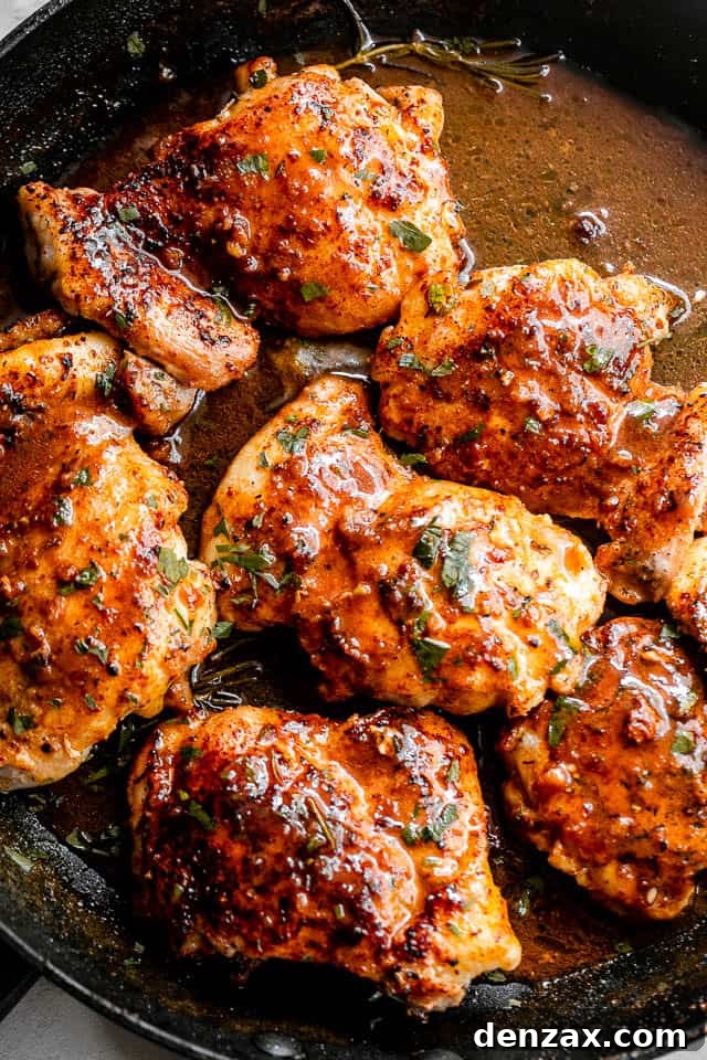 overhead shot of apple cider glazed chicken thighs inside a skillet