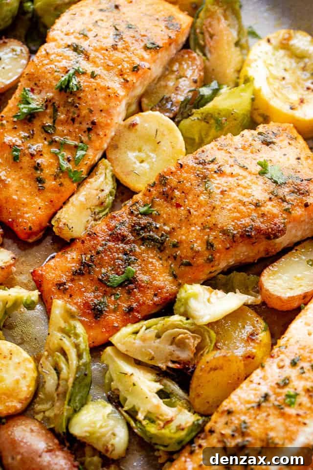 overhead shot of roasted salmon fillets with brussel sprouts and yellow squash 