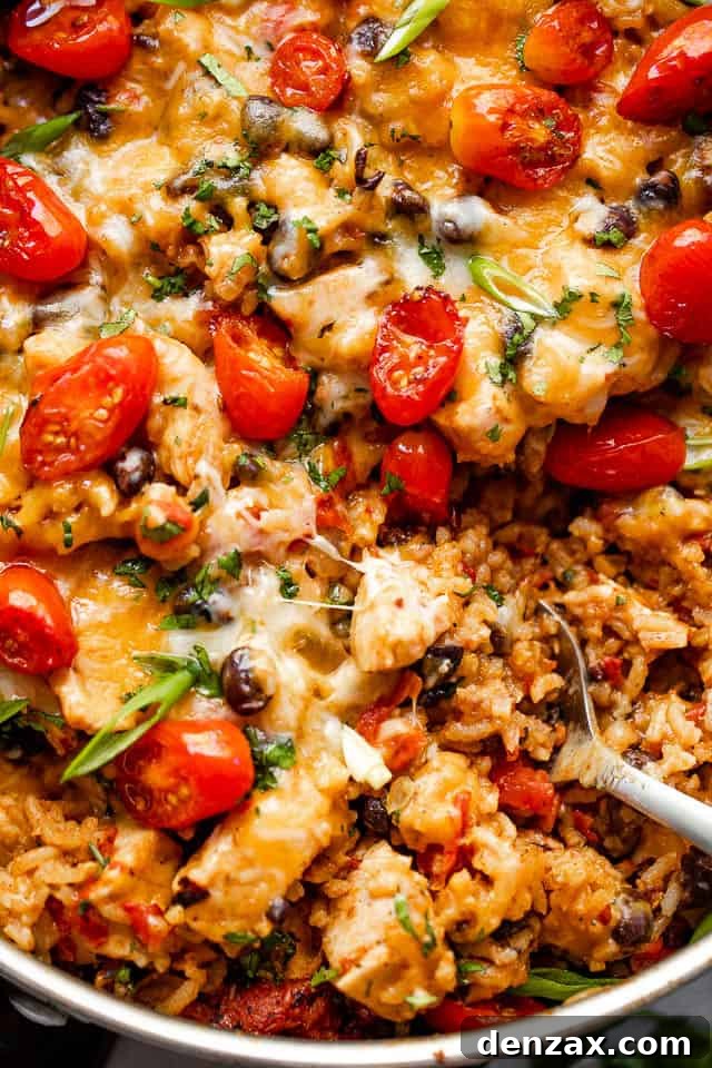 Chicken Burrito Skillet is a festive, one pot meal with juicy chunks of chicken, tender rice, tangy tomatoes, black beans, and cheese. Close up shot of chicken and rice burrito skillet topped with grape tomatoes.