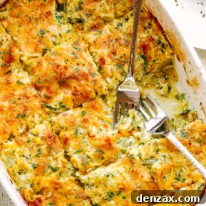 overhead picture of squash and zucchini casserole in baking dish