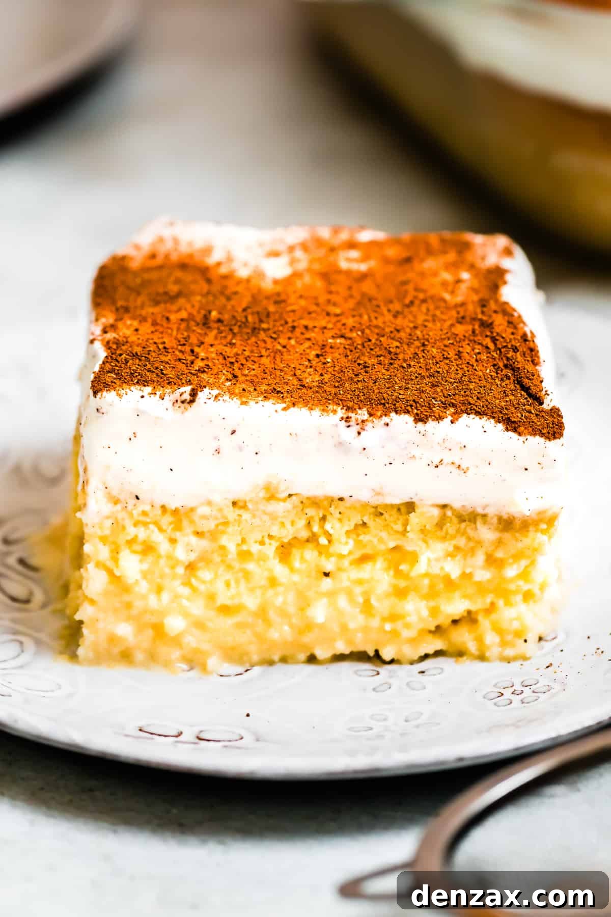 A slice of milk cake served on a dessert plate.