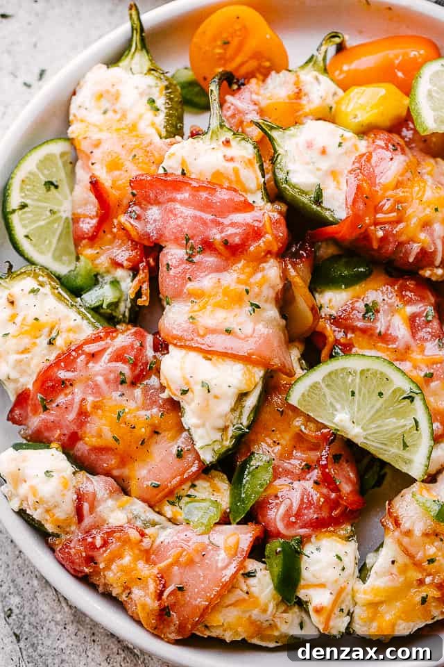 Baked jalapeno poppers on a white serving dish, garnished with herbs and lime wedges.