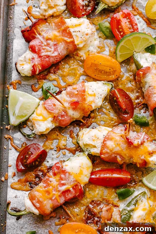 Baked, bacon-wrapped jalapeno poppers on a parchment-lined baking sheet.