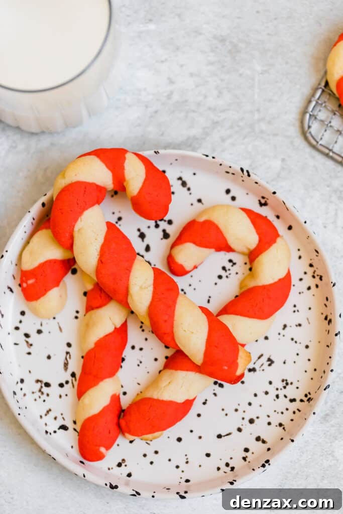 Three Candy Cane Sugar Cookies Seen From a Bird's Eye View