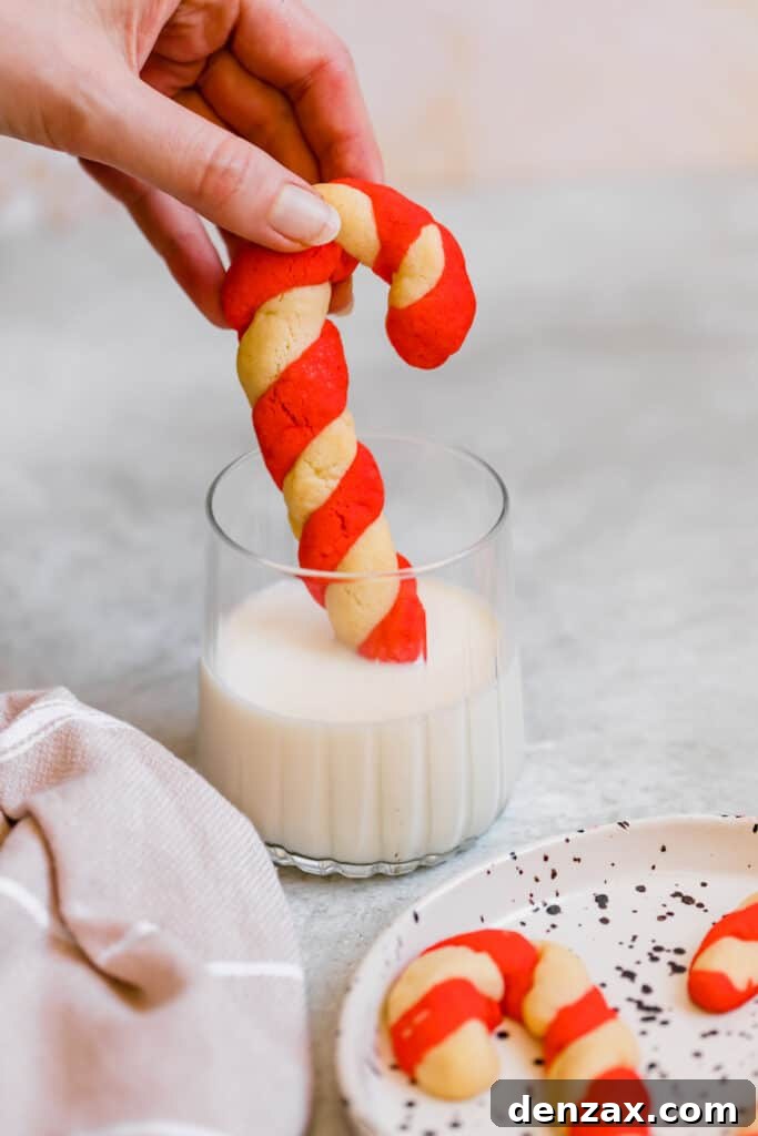 A Candy Cane Cookie Being Dipped into a Cold Glass of Milk