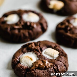 Four Chocolate Marshmallow Cookies on a Sheet of Parchment