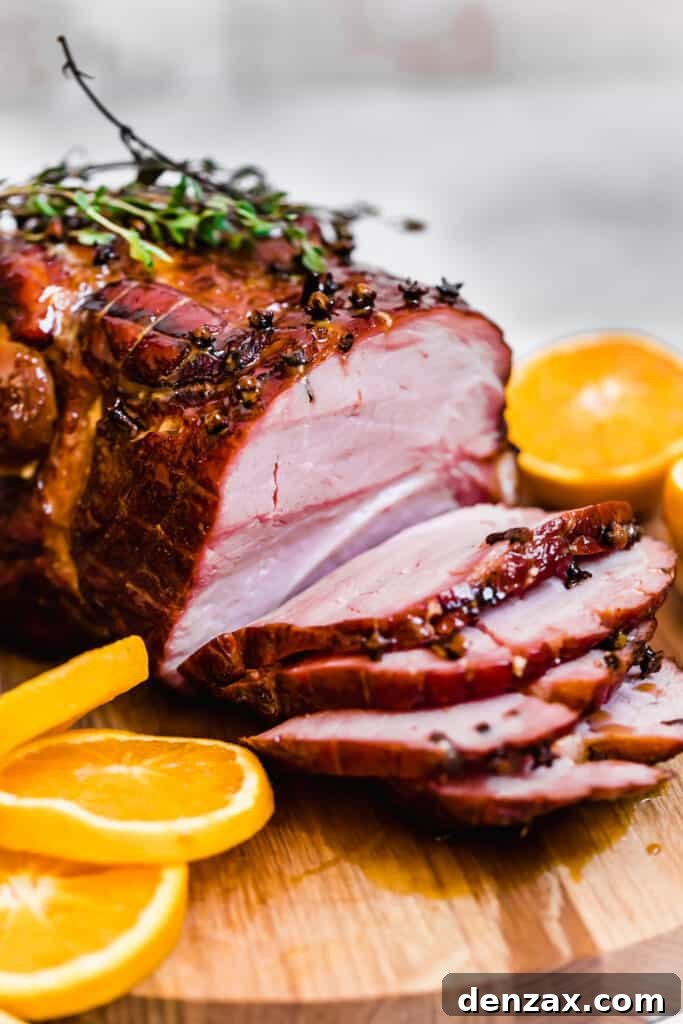A Glazed Christmas Ham with Four Slices Cut Off