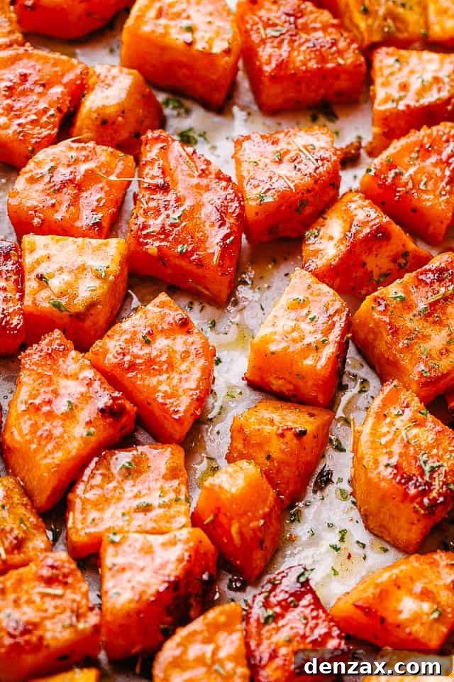overhead shot of chopped sweet potatoes on parchment paper