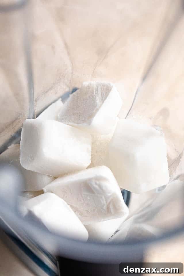 coconut milk ice cubes in a blender