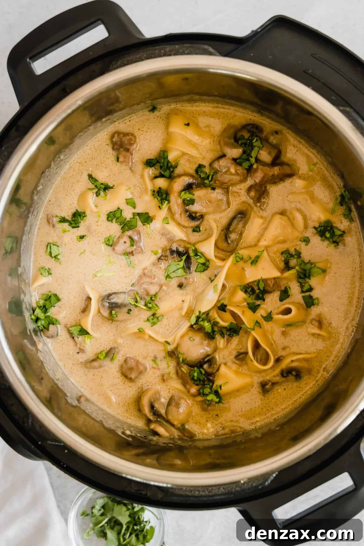 Overhead Image of Beef Stroganoff in an Instant Pot