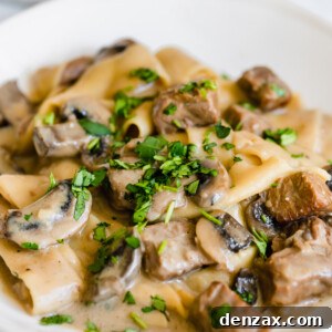 Beef Stroganoff on a White Plate with a Napkin in the Background
