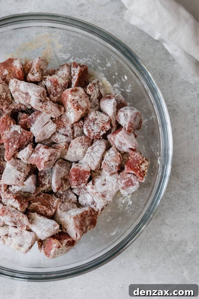 Cubes of Beef Coated in the Flour Mixture