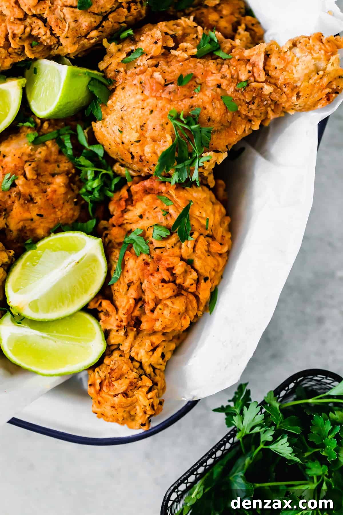 A Basket of Buttermilk Fried Chicken with Lime Wedges Inside