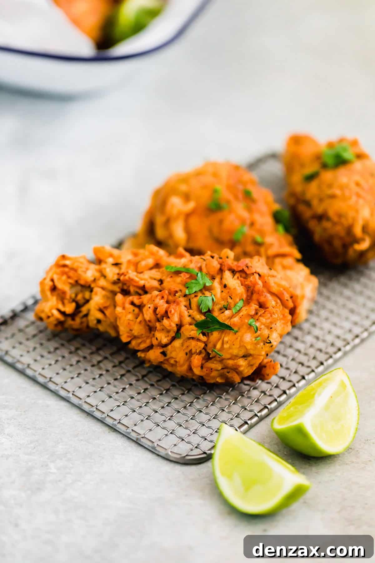 Three Pieces of Buttermilk Fried Chicken Garnished with Chopped Parsley