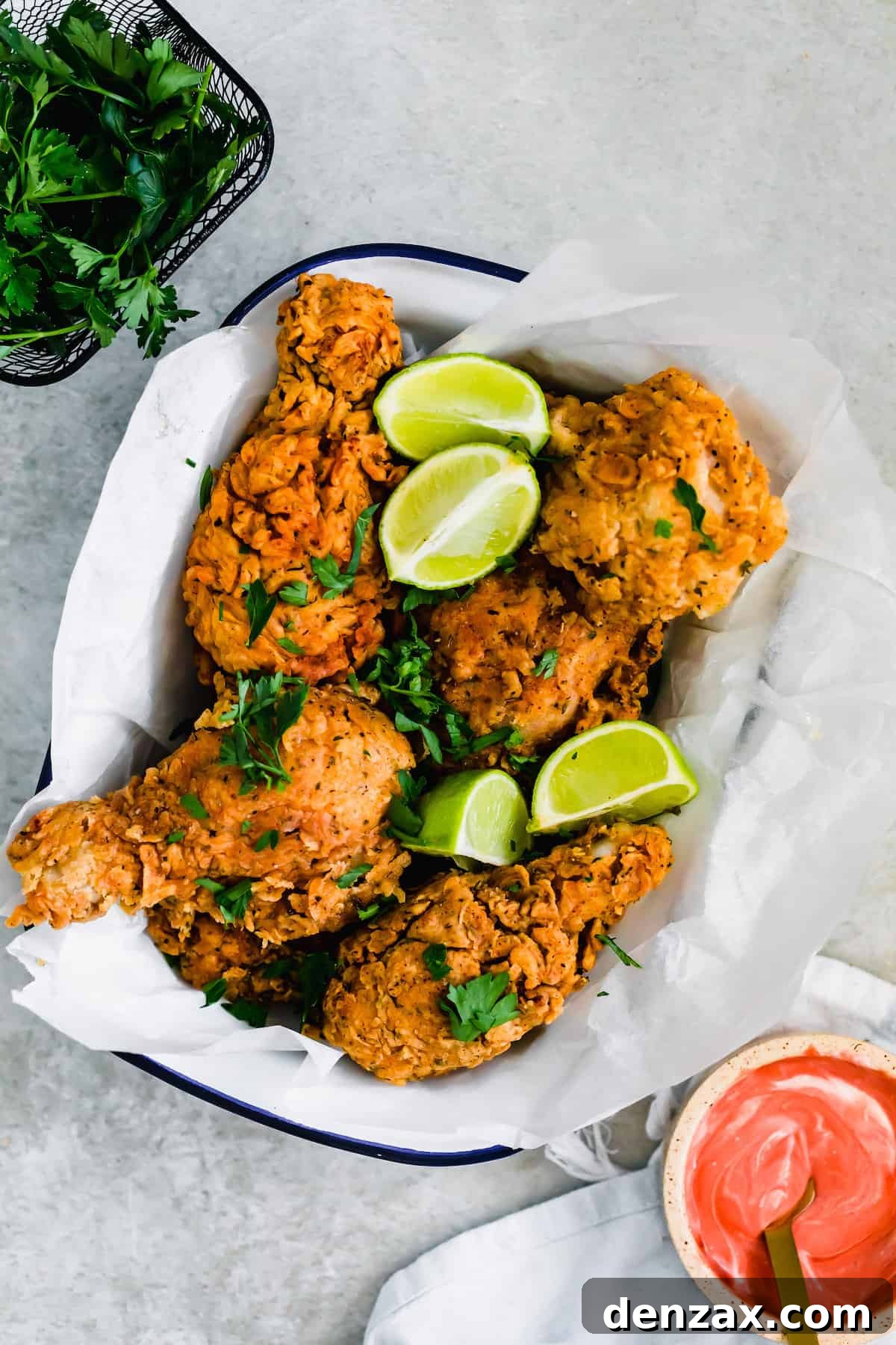 A Bowl of Buttermilk Fried Chicken Next to Fresh Parsley
