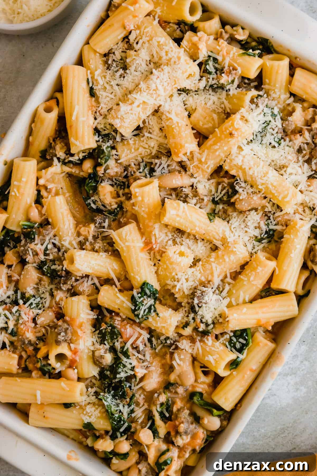 Baked rigatoni being scooped