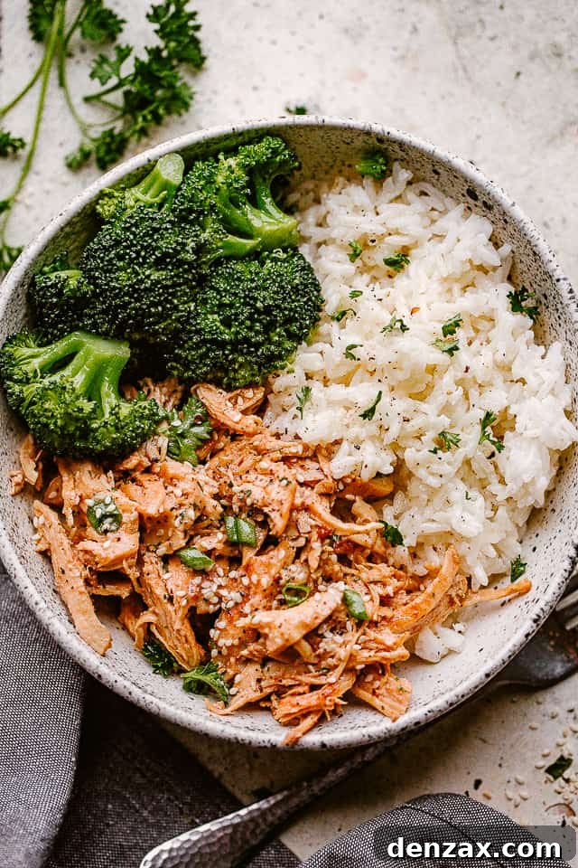 A bowl of Instant Pot honey garlic chicken rice and broccoli