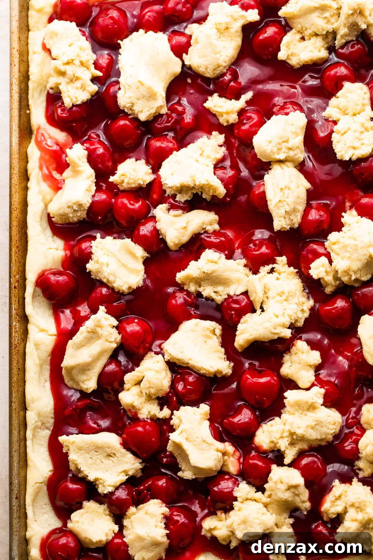 Cherry Kuchen Bars Recipe: Cherry Cake Bars with Streusel 4 Scoops of Dough Overtop Cherry Pie