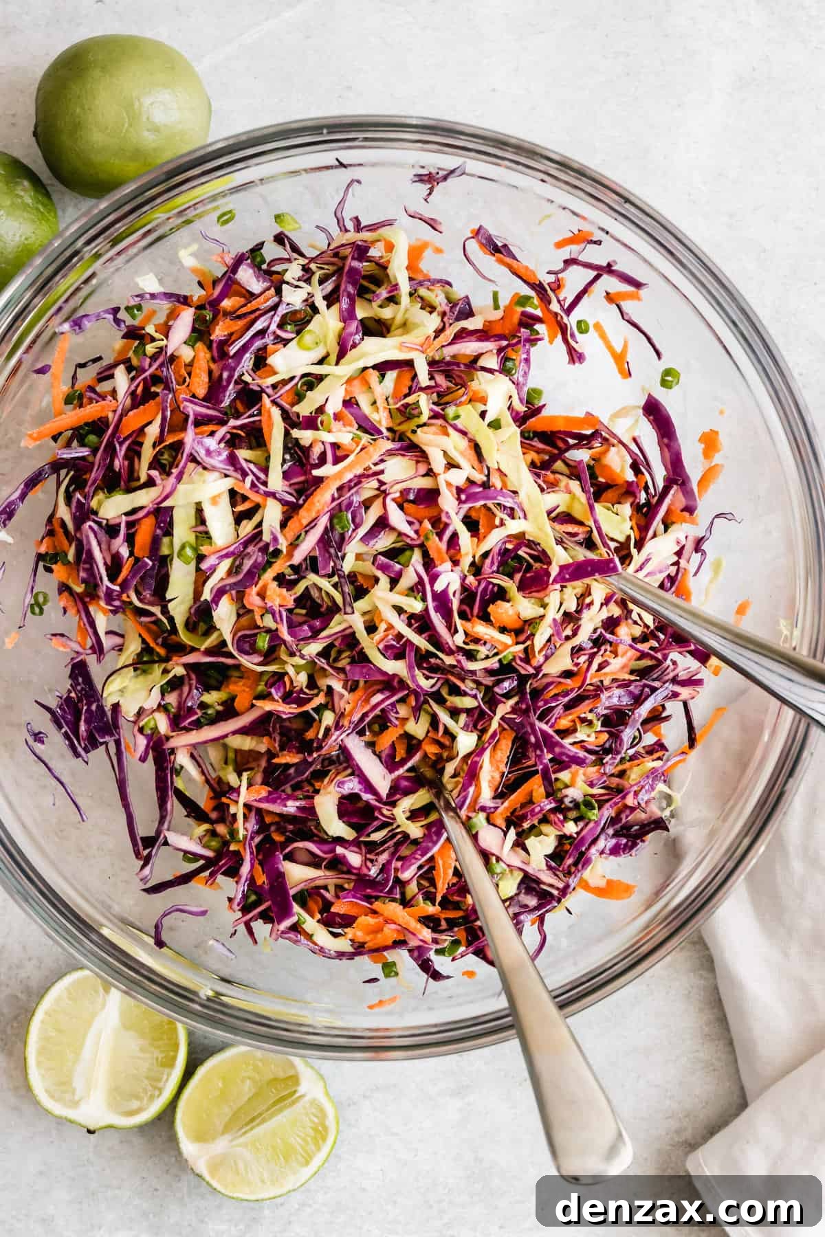 The Completed Asian Cabbage Slaw in a Large Glass Bowl