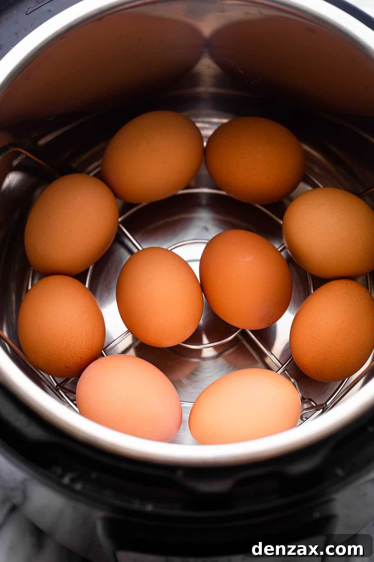 brown eggs arranged inside the instant pot