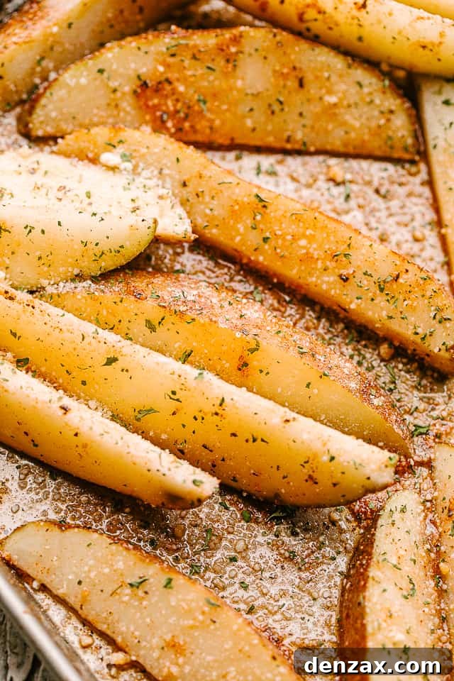 Close up of baked potato wedges.