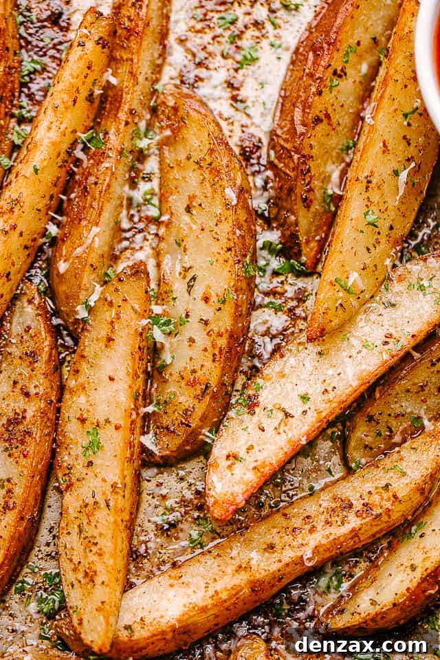 Close up of baked potato wedges with garlic and parmesan.
