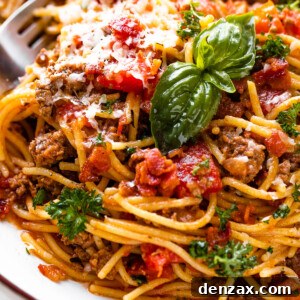 close up shot of spaghetti with ground beef, tomatoes, and fresh basil