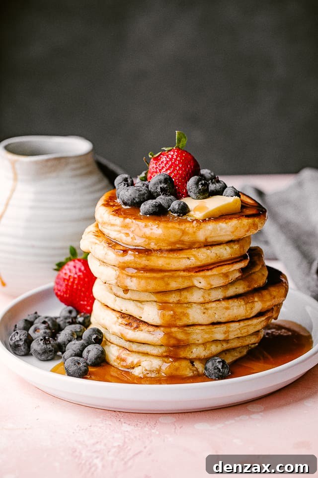 This fluffy pancake recipe makes the best homemade pancakes you've ever had! Stack of fluffy homemade pancakes from scratch