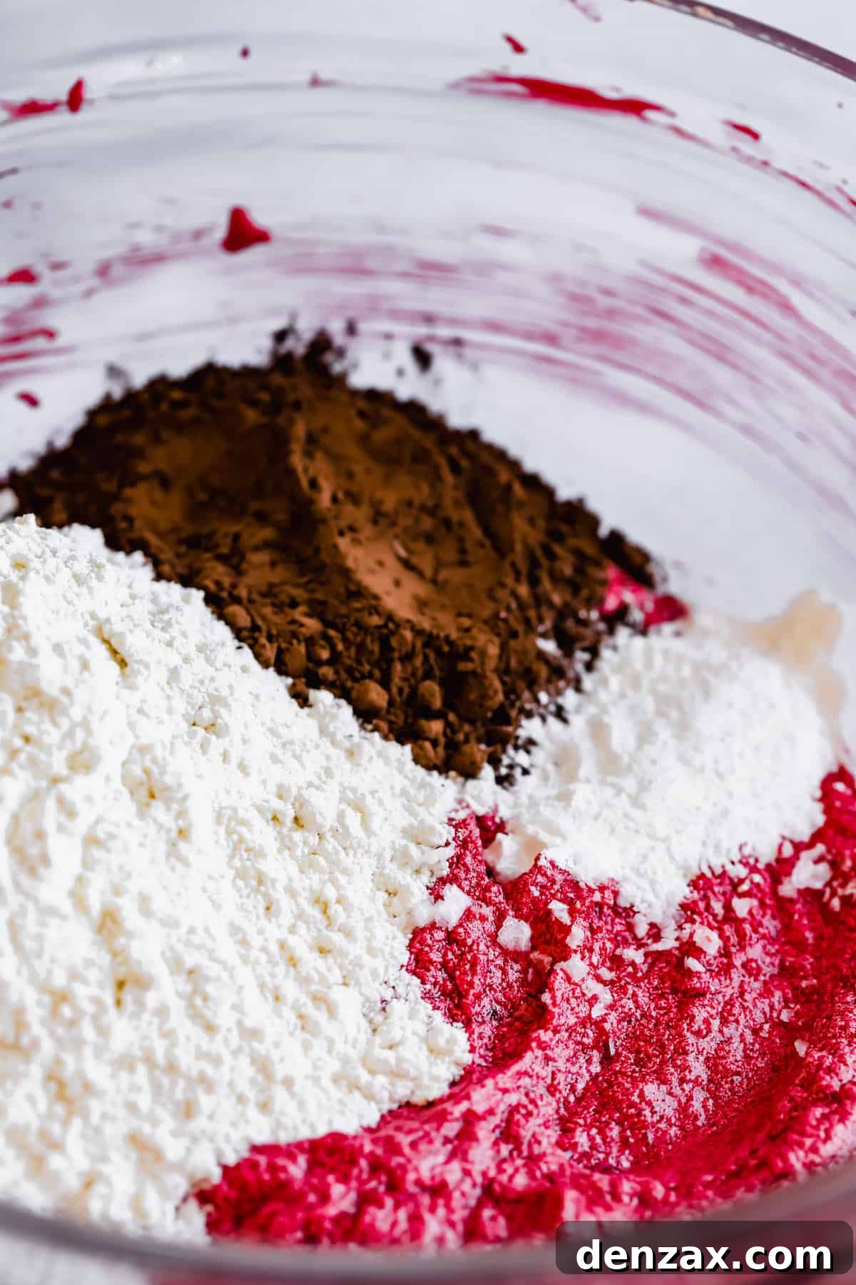 The Dry Ingredients in a Bowl with the Combined Wet Ingredients for Red Velvet Crinkle Cookies
