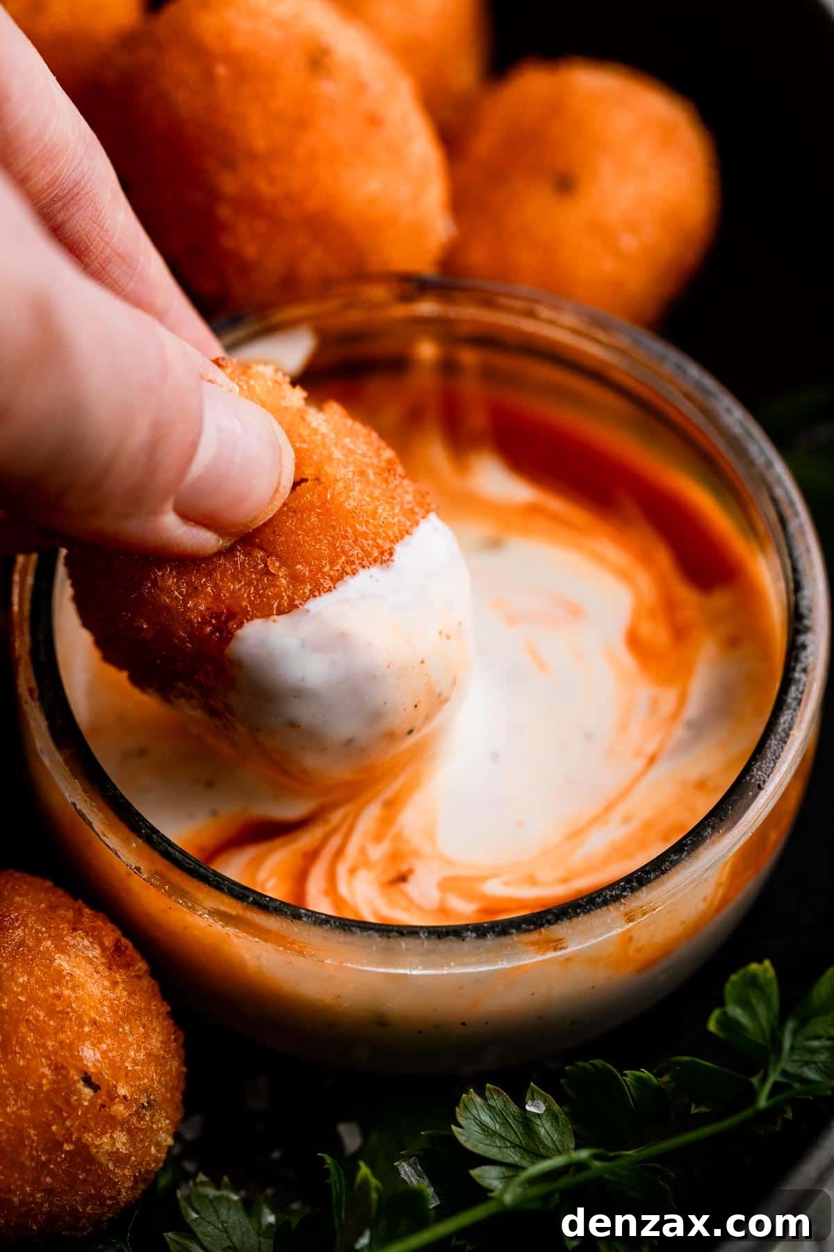 A Hand Dipping a Jalapeno Popper into a buffalo ranch sauce.