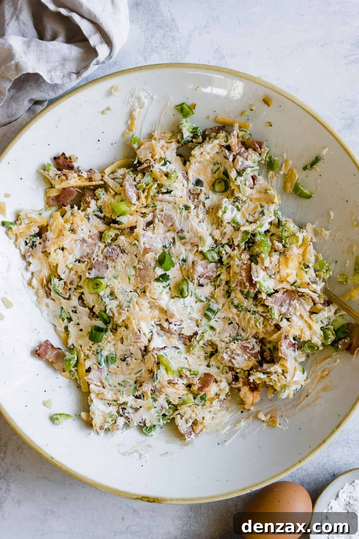 The Jalapeno Popper Mixture in an Off-White Bowl with a Tan Rim