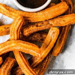 Churros recipe by easy weeknight recipes. The churros are served on a plate with a bowl of chocolate sauce.