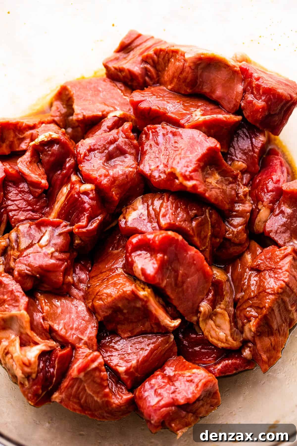 marinating steak bites in a glass bowl