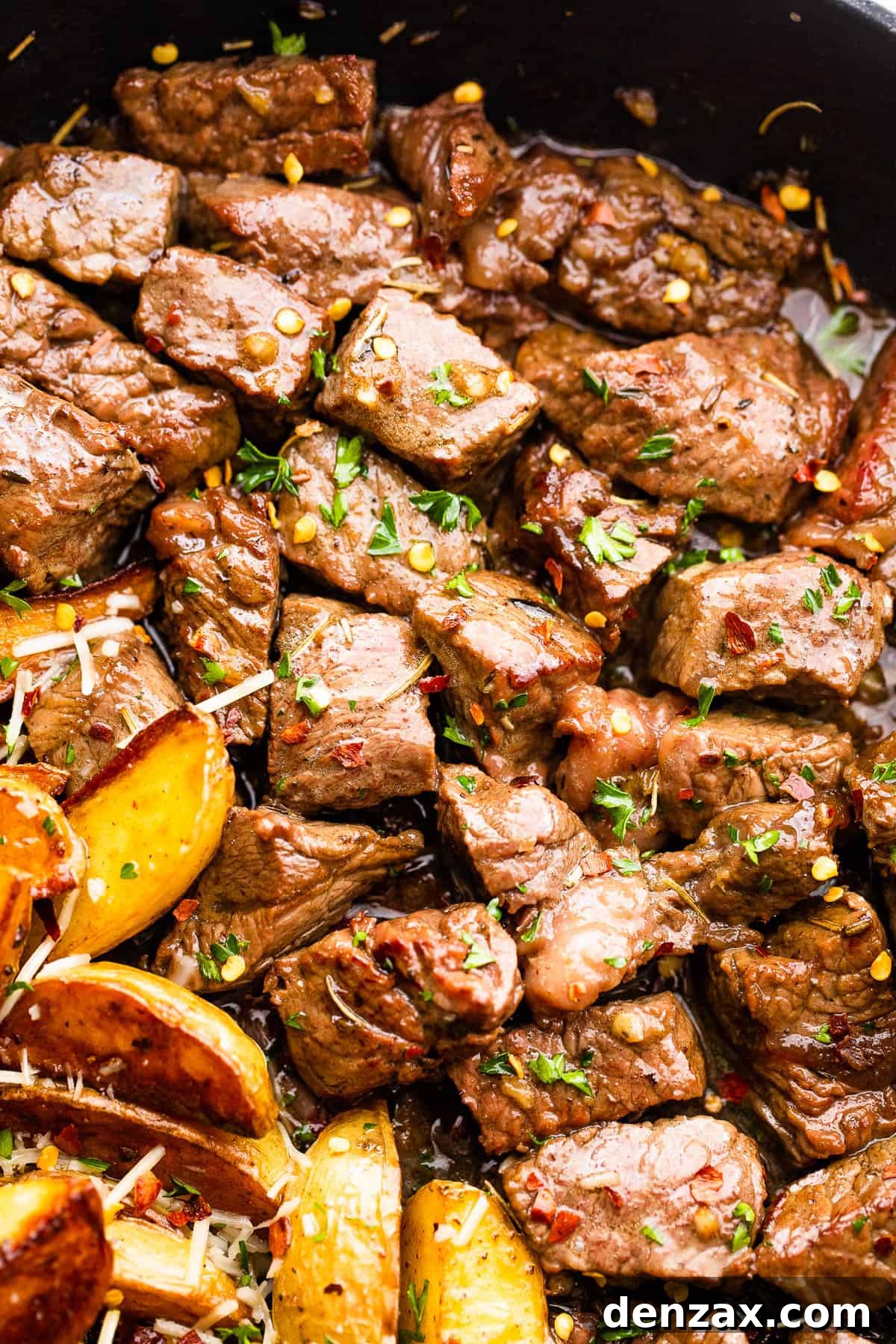 cubed sirloin steak bites cooking in a skillet