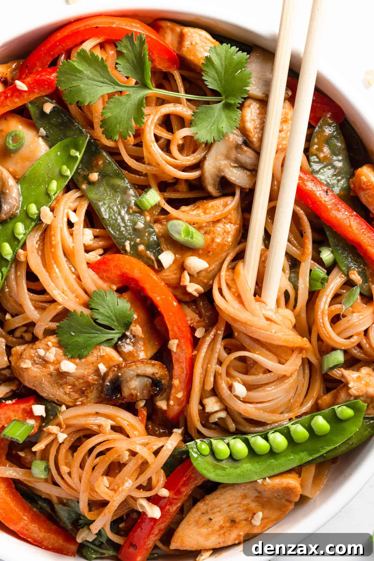 Chicken Lo Mein in a Bowl with a Pair of Wooden Chopsticks