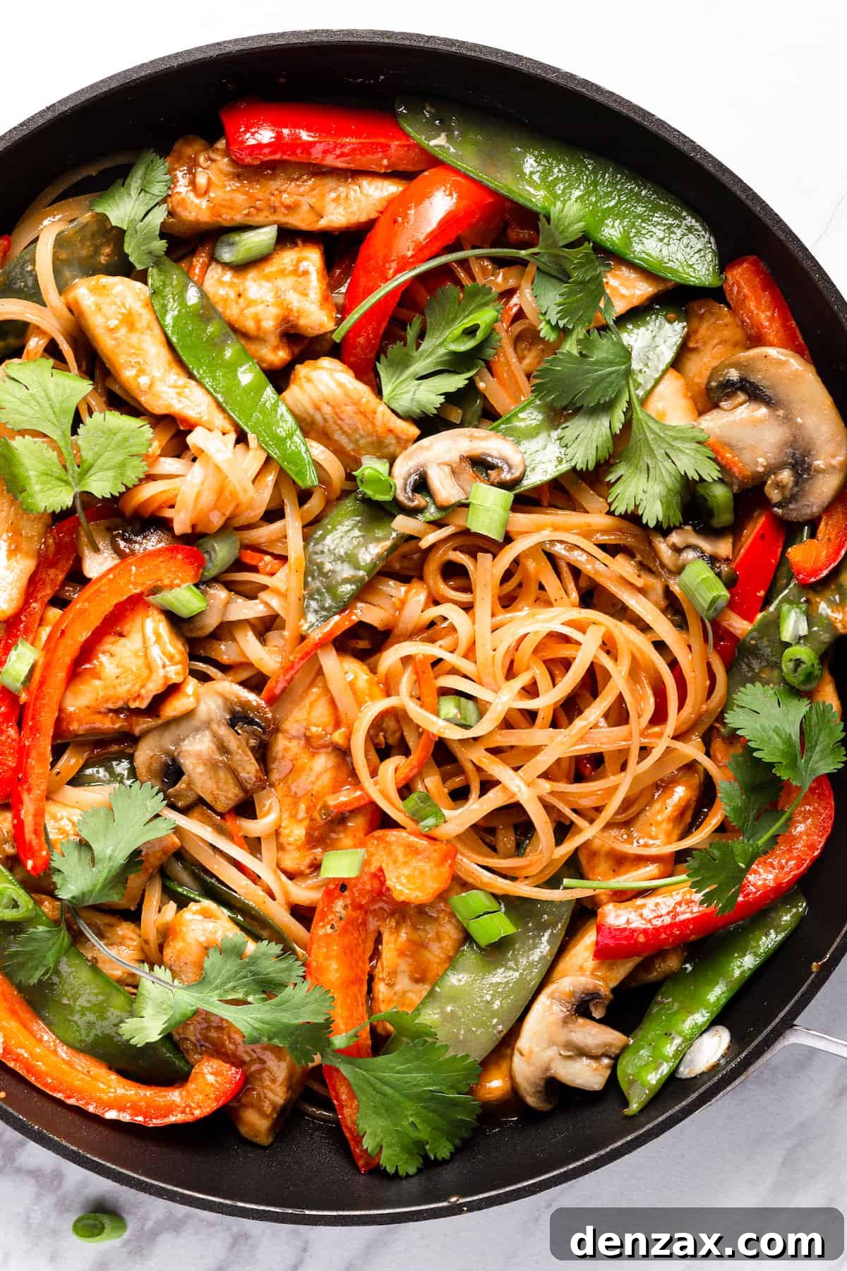Chicken Lo Mein with Veggies in a Black Skillet on the Counter