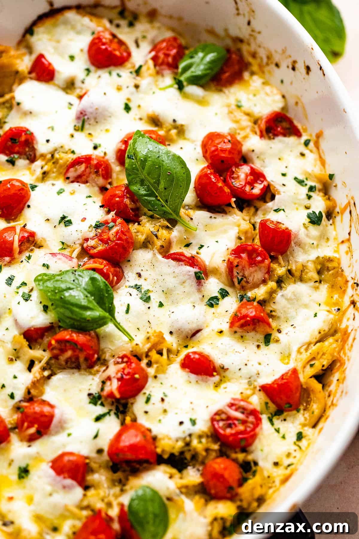 chicken caprese casserole in a white baking dish topped with basil leaves and cherry tomatoes